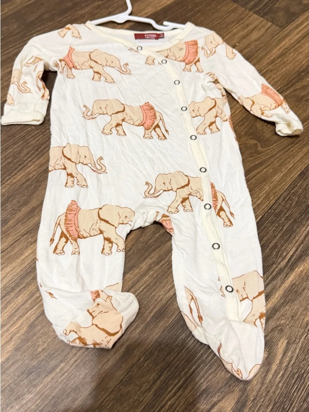 Milkbarn Cream Footed One-Piece with Peach Elephant Print